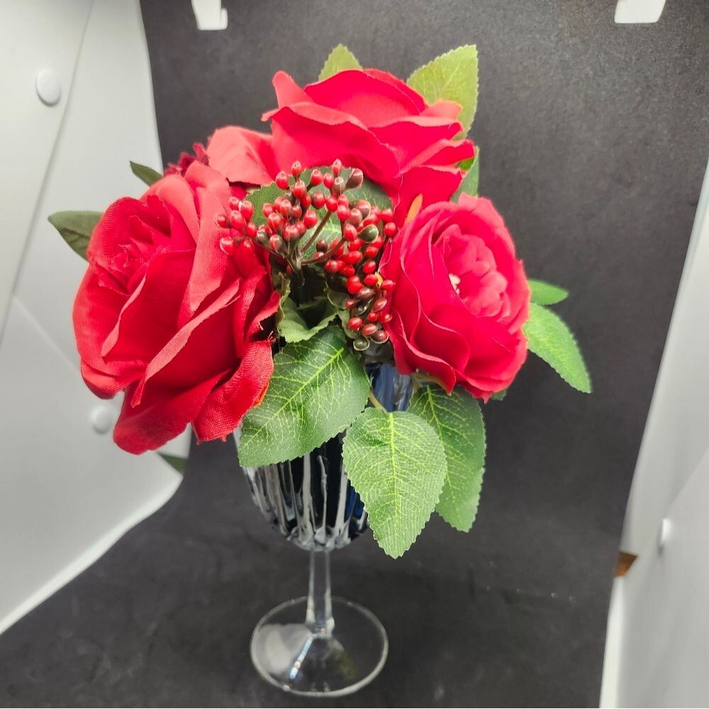 Hand Crafted Floral Table Centerpiece  Summer Red Roses Flower Wine Glass